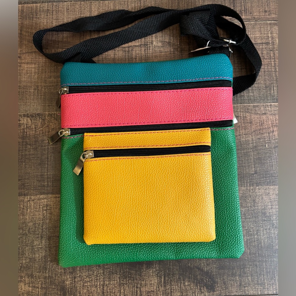 Colorblock Vinyl Multi Zipper CrossBody Bag Phone Purse Wallet Multi Function